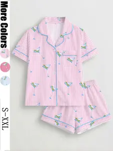 Women's Sleepwear Set, Short Sleeve Lapel Button Soft Top & Elastic Shorts, Casual All-Season Home Wear, Fashionable Daily