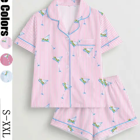 Women's Sleepwear Loungewear Set, Short Sleeve Lapel Button Top and Elastic Shorts, Soft Striped Print Pjs Set for Daily Home Wear, Pajama Set, Printed Sleepwear Set