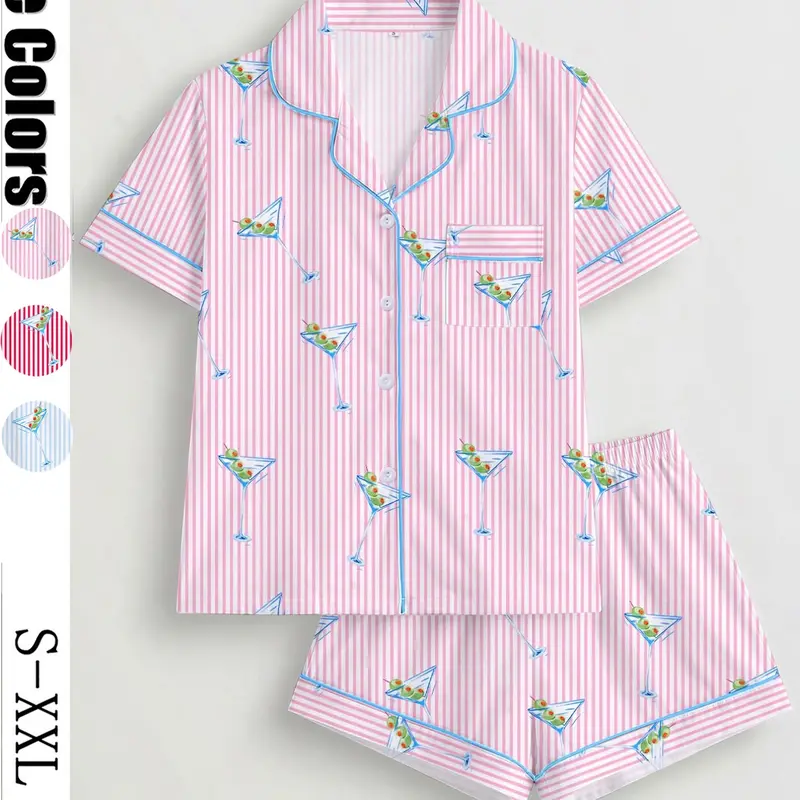 Women's Sleepwear Loungewear Set, Short Sleeve Lapel Button Top and Elastic Shorts, Soft Striped Print Pjs Set for Daily Home Wear, Pajama Set, Printed Sleepwear Set