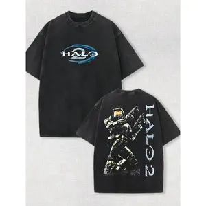 Halo 2 Vintage Washed Heavyweight Cotton Mens Crew Neck Graphic Print T Shirt Retro Urban Streetwear Classic Fit Soft Breathable Fabric Casual Daily Lifestyle Stylish Everyday Outfit Pop Culture Game Fan Apparel Urban Weekend Relaxed Wear