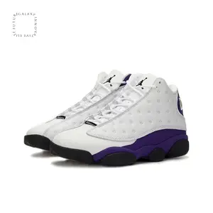 White and Purple High-Top Retro Basketball Shoes with Leather and Suede Upper, Black Outsole