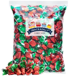 Strawberry Hard Candy 2Lb Bulk Bag - Red & Green Wrapped Bon Bons - Freshly Packaged By Snackadilly.