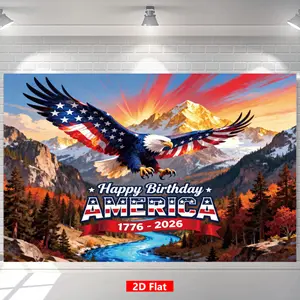 2D Flat America 250th Backdrop Banner, Polyester Bald Eagle Mountain Sunset Design, Independence Day Patriotic Indoor-Outdoor Party Decoration, Lightweight Hanging Tapestry Flag Wall Decor