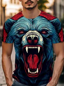 Dominant Angry Bear Totem Short Sleeve Fitted, Strong Visual Impact, Comfortable Versatile, Tough Guy Style, Weekend Casual Streetwear First Choice