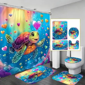 Rainbow Turtle Bubble Bath Set, Dreamy Healing Bathroom Four-Piece Set, High Saturation Waterproof Shower Curtain & Non-Slip Absorbent Mat