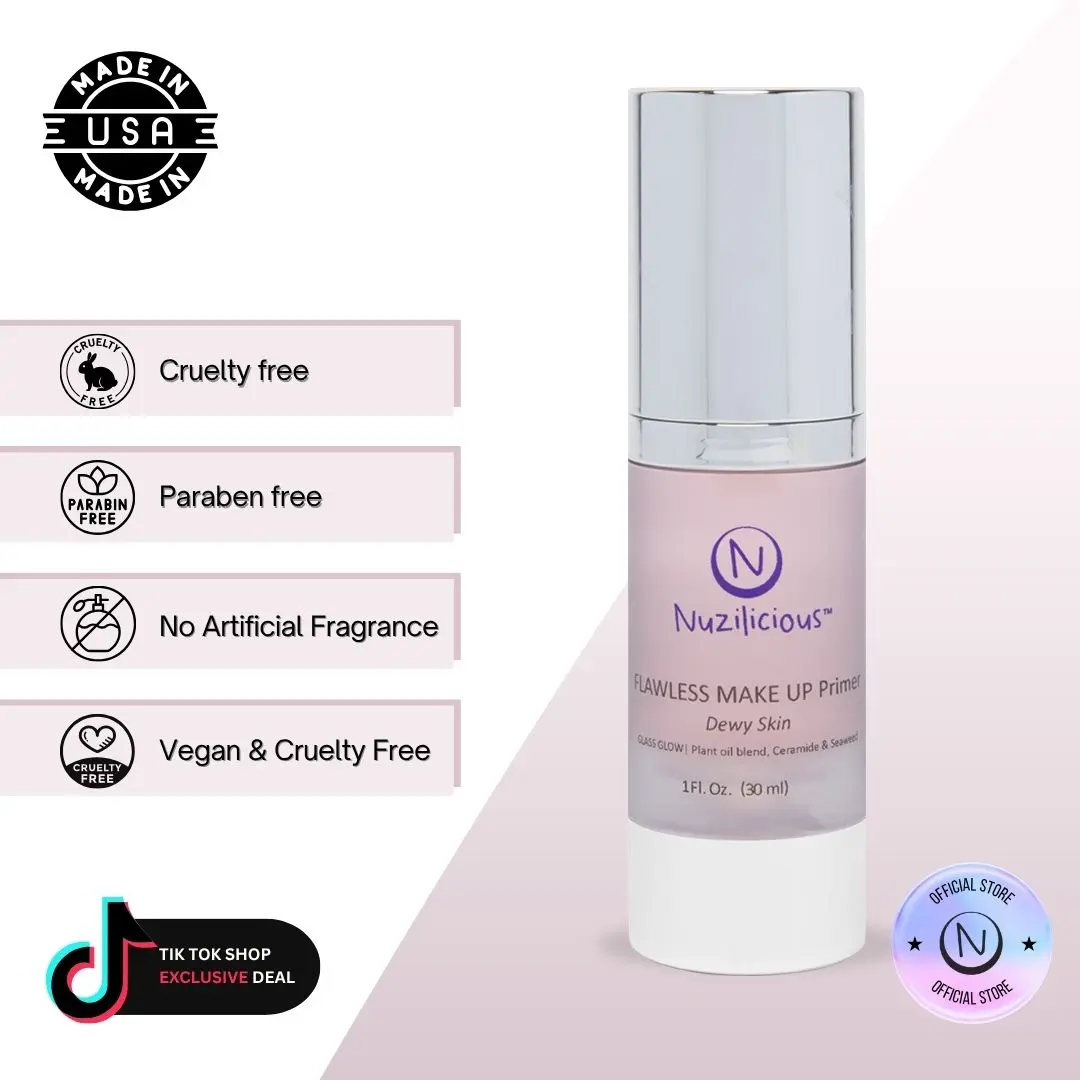 Nuzilicious Professional Grade Flawless Makeup Primer – Achieve Dewy Skin & Effortlessly Blend Makeup with Luxurious Plant Oil Blend, Ceramide & Seaweed Extracts, Vegan & Cruelty-Free, 1 oz Compact, Smooth, Radiant, Hydrate Serum.