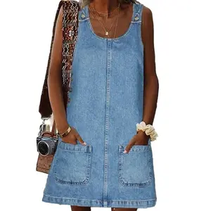 Imily Bela Women's Sleeveless Casual Denim Dress Crewneck Vintage Overall Mini Dress with Pocket