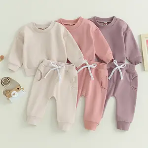 Newborn Baby Girl Boy Outfits Solid Sweatshirt Long Sleeve T-Shirt Tops Jogger Pants Set Toddler Sweatsuit Fall Clothes