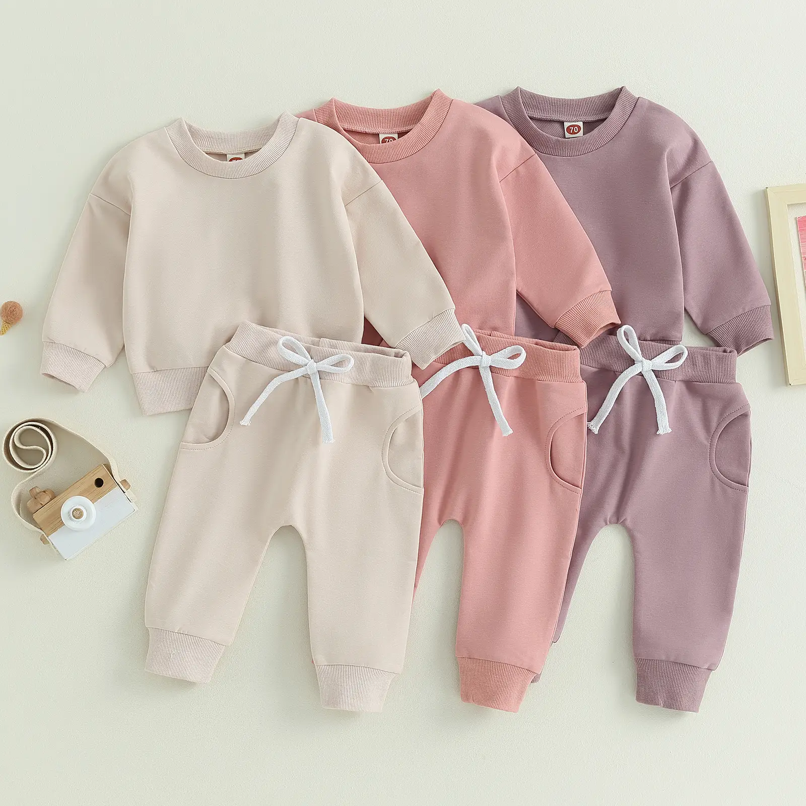 Newborn Baby Girl Boy Outfits Solid Sweatshirt Long Sleeve T-Shirt Tops Jogger Pants Set Toddler Sweatsuit Fall Clothes