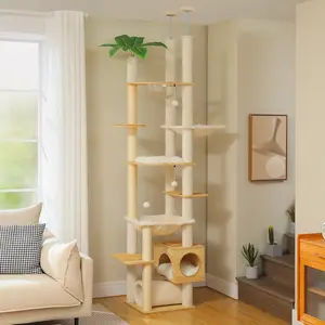 93.3"-100.8" Adjustable Height Wooden Cat Tree with Scratch Post, Cozy Condo, Perch and Large Hammock