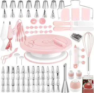 Cake Decorating Kit with 137pcs Supplies and Revolving Cake Turntable for Beginners, Includes Pattern Chart and 63 Numbed Tips - Plastic, Bakeware Round Set Desserts Disposable Handy Leaf Mold Stainless Steel