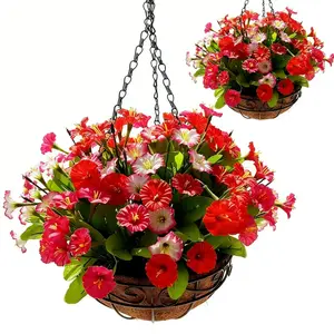 2pcs Artificial Hanging Flower Plants with Basket Hanging Planter for Outdoor Decoration, Faux Petunias Flowers Fake Morning Glory Plants for Hanging Outside Patio Garden Porch Balcony Yard Spring Decor
