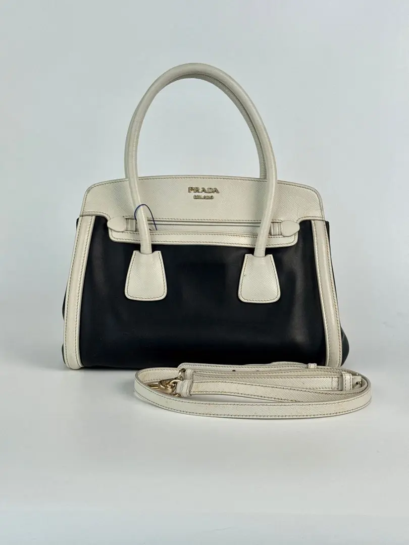 Pre-owned PRADA Vintage Top Handle Bag Canapa Saffiano Black with white trim 24204730