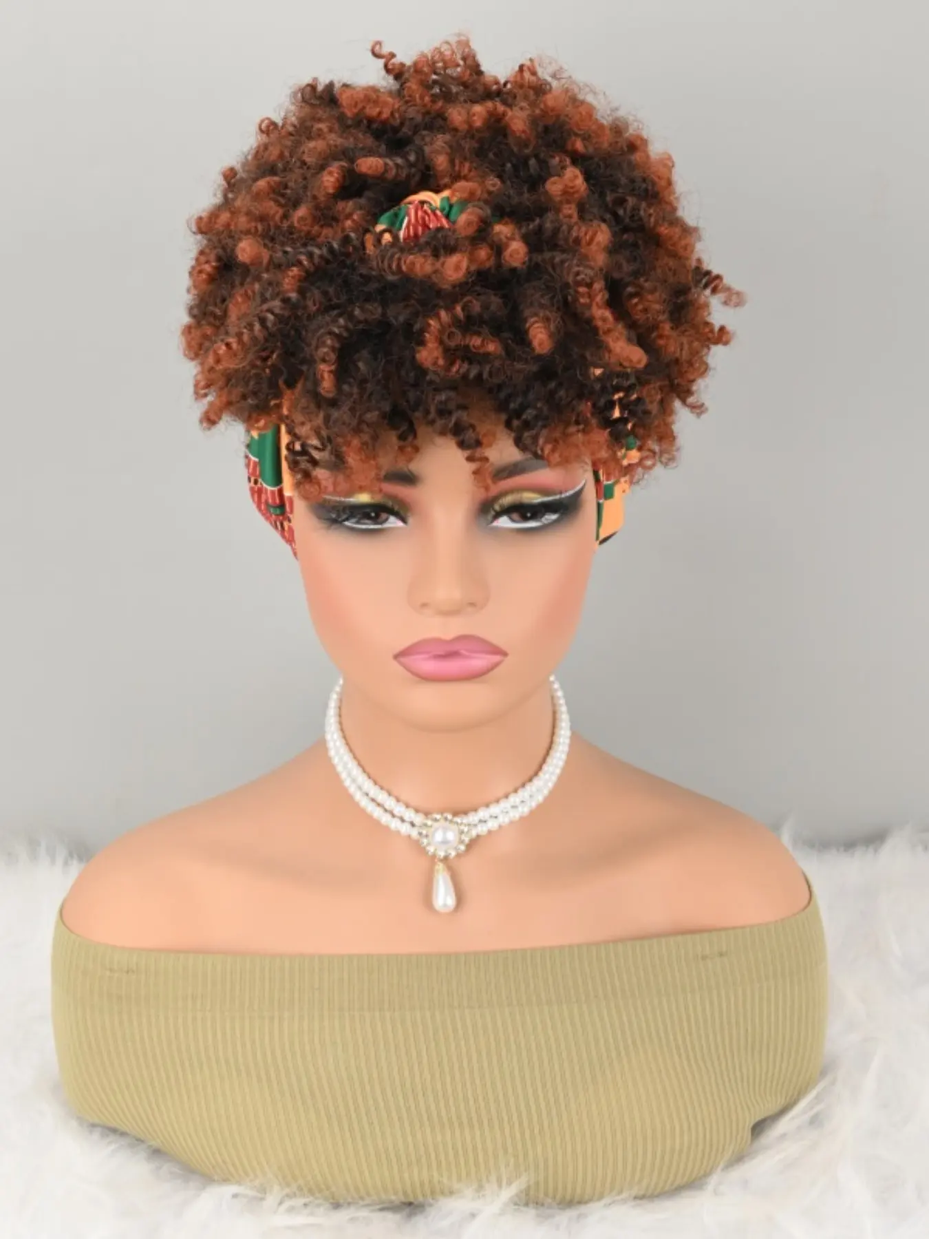Scarf Wig, Short Curly Wig, Wig, 2-In-1 Bangs Turban Wig, Synthetic Short Afro Puff Full Wig, Ombre Wig with Scarf Headband, Synthetic Wigs