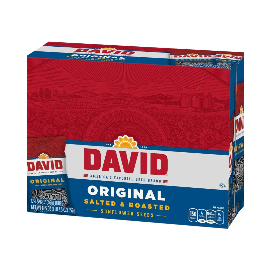 DAVID Original Crunchy Salted Sunflower Seed Snack, 12-Count Portable Box Set, 1.625 oz Individual Bags