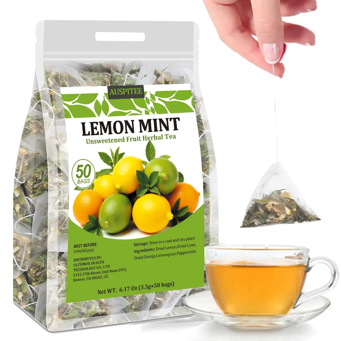 ULTHMOK Lemon Peppermint Tea 3.5g*50 Bags Refreshing Fruit Tea Dried Lemon Lime Orange Slices Perppermint No Additives Triangular Tea Bag Easy to Brew Easter Basket Stuffers Beverage