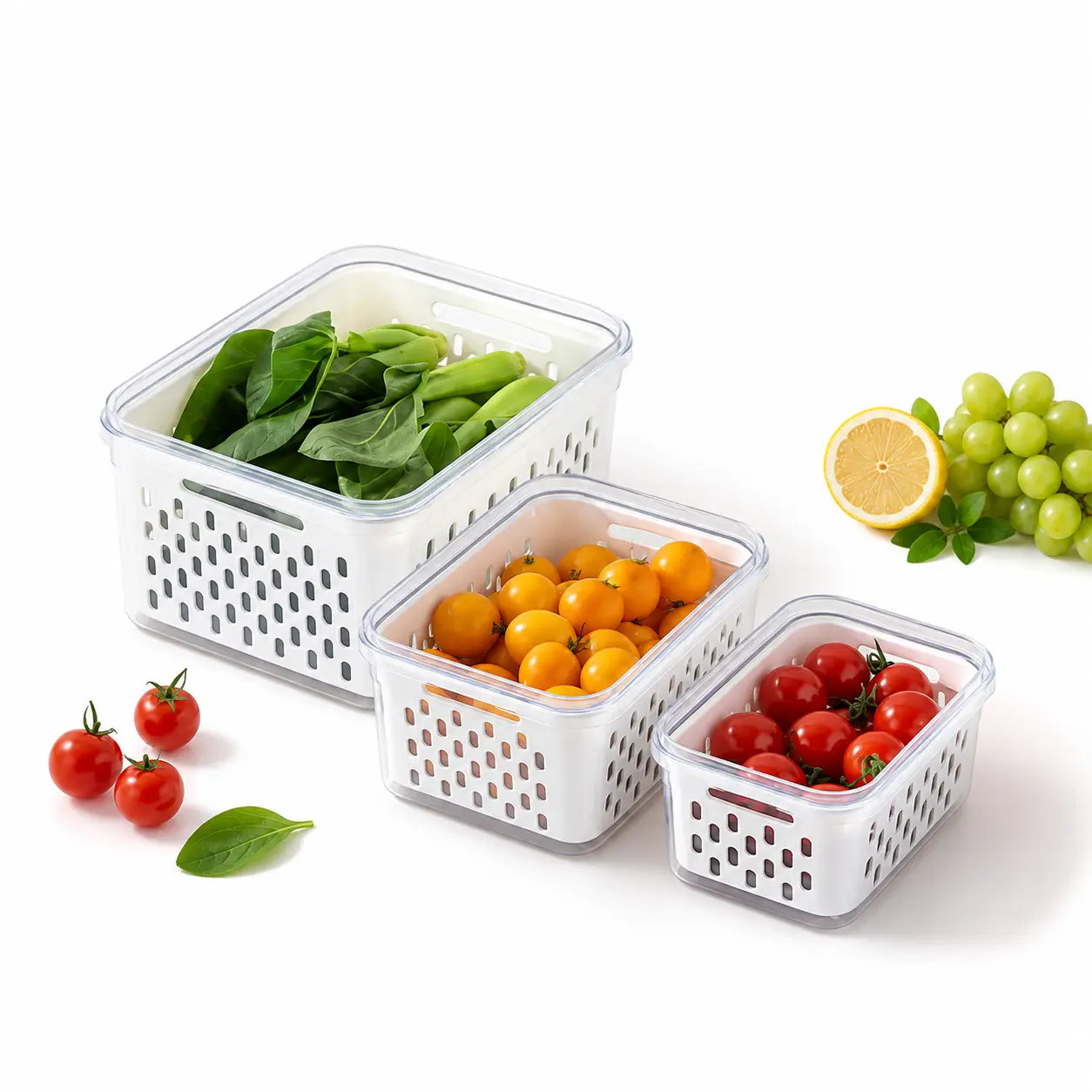 3 Pcs Fruit Containers for Fridge, Strawberry Storage Containers for Fridge, Food Storage Container with Airtight Lid, Removable Colander Basket for Rinsing and Draining, Keep Produce Fresh Longer