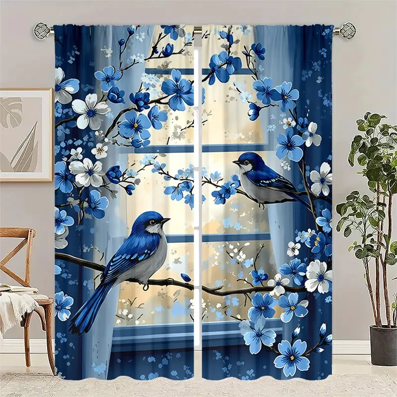 2 Pieces Chinese-Style Blue Floral Drapes, Digital Printed Curtains, Pocket Rod Installation, Home Decoration for Living Room Bedroom
