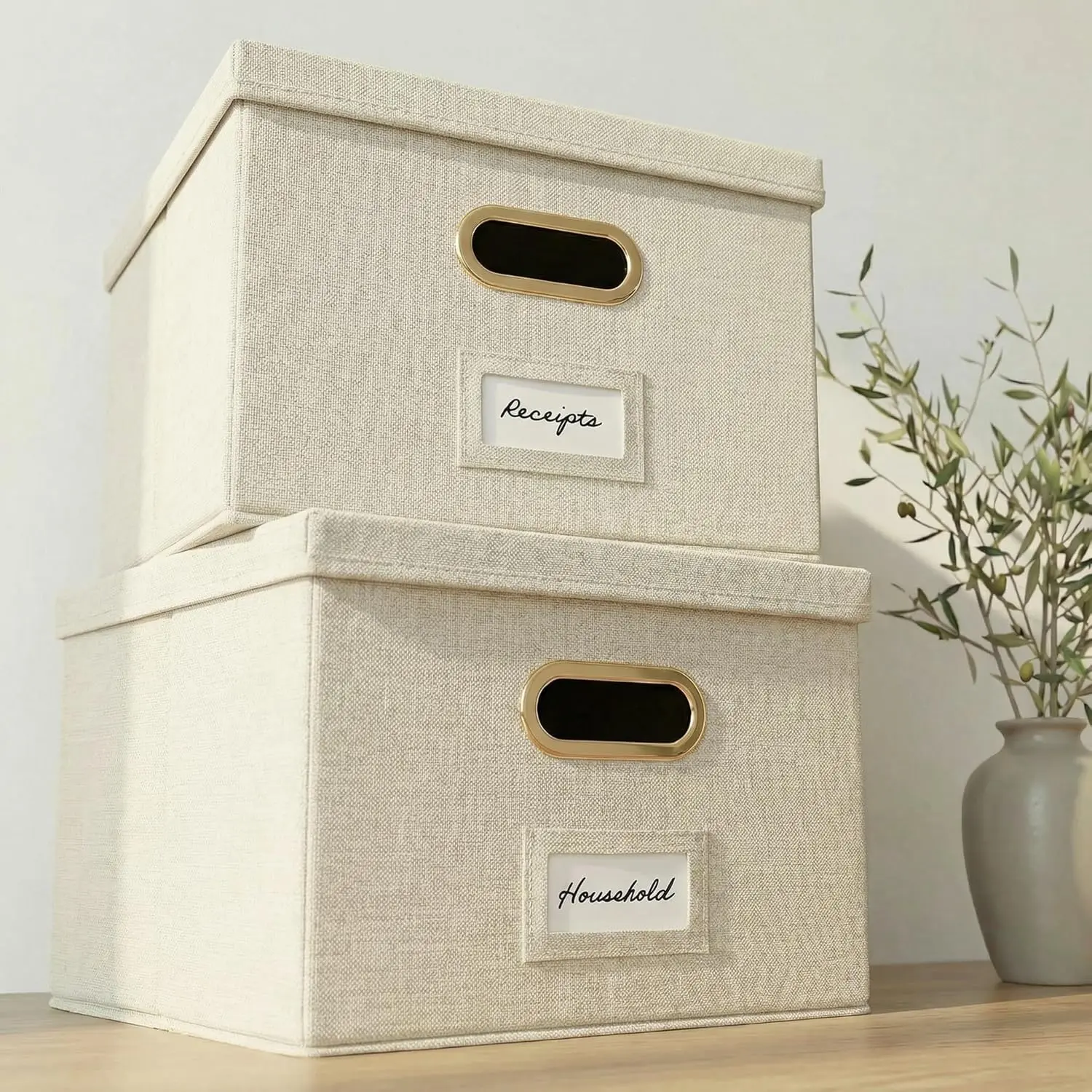 Decorative Linen File Organizer Box Set of 2 - Collapsible Home Office Filing Cabinets with Handles, Lid, Easy-Slide Design for Document & Hanging File Folder Storage, Portable