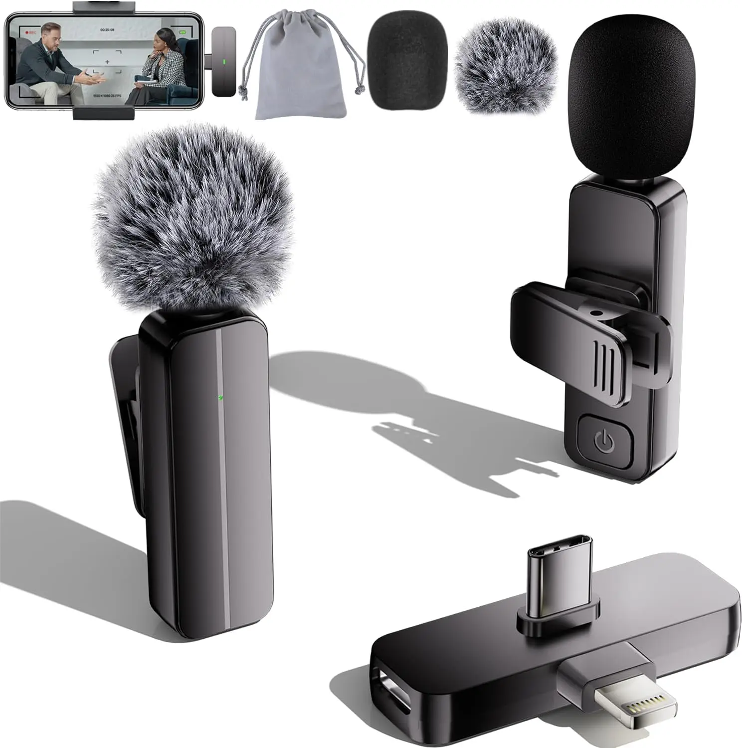 2-Pack Wireless Mini Lavalier Lapel Microphone for iPhone,Android Phone(2 in 1) - 65ft Cordless Clip on Dual Mics with Noise Reduction 6H Working Time for Video Recording Vlogging, YouTube