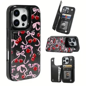Creative and Personalized Cherry and Bowknot Design Pattern Leather Card Holder Phone Case,for iPhone 17 Pro Max Phone Case 17 Air 16 15 Plus 14 13 12 , Samsung Galaxy S25 ULTRA FE Plus S22 S23 FE S24 Plus