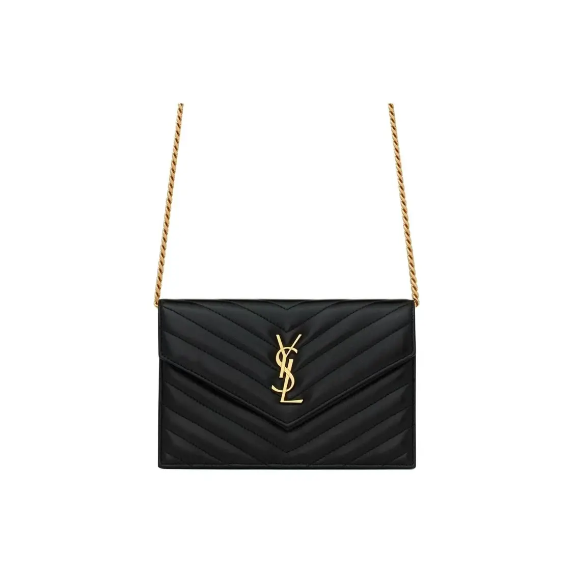 Pre-owned Yves Saint Laurent leather Shoulder Bags Saint Laurent Black Matelasse Chevron Lambskin Small Cassandre Envelope Chain Shoulder Crossbody Clutch Bag Gold YSL Logo Hardware