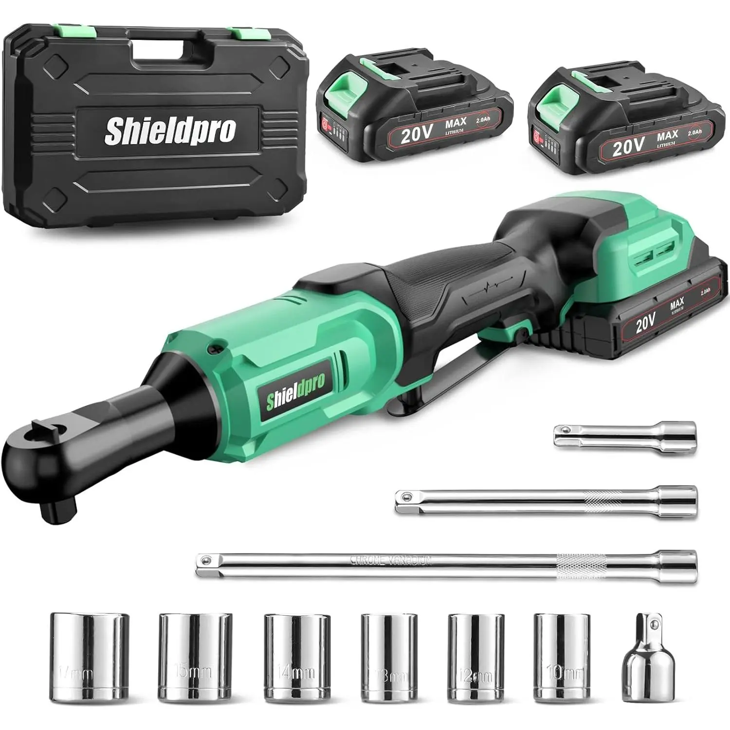 20V Cordless Ratchet Wrench Set - 3/8" Electric Power Ratchet Kit with 400RPM, LED Work Light, and 2 Batteries, Fast Charger, Sockets, Adapters and Extension Bars (Green)