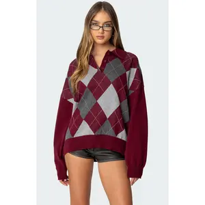 Edikted Women's Argyle Oversized Polo Sweater