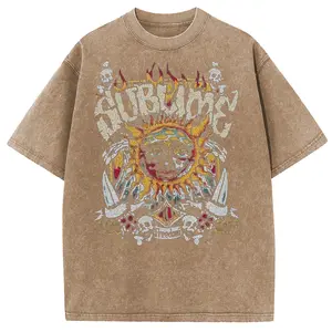 Holafish 2026 SummerVibes Acid Washed Vintage Sun Pattern T-Shirt, Heavy Weight Cotton Streetwear Graphic Vintage Tees Menswear Womenswear Crewneck Tshirt Sassy Statement Tees