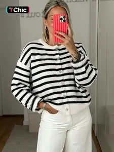 Women's Casual Striped Knit Cardigan, Round Neck Long Sleeve Button Front Soft Sweater Coat for Fall & Winter Fashion