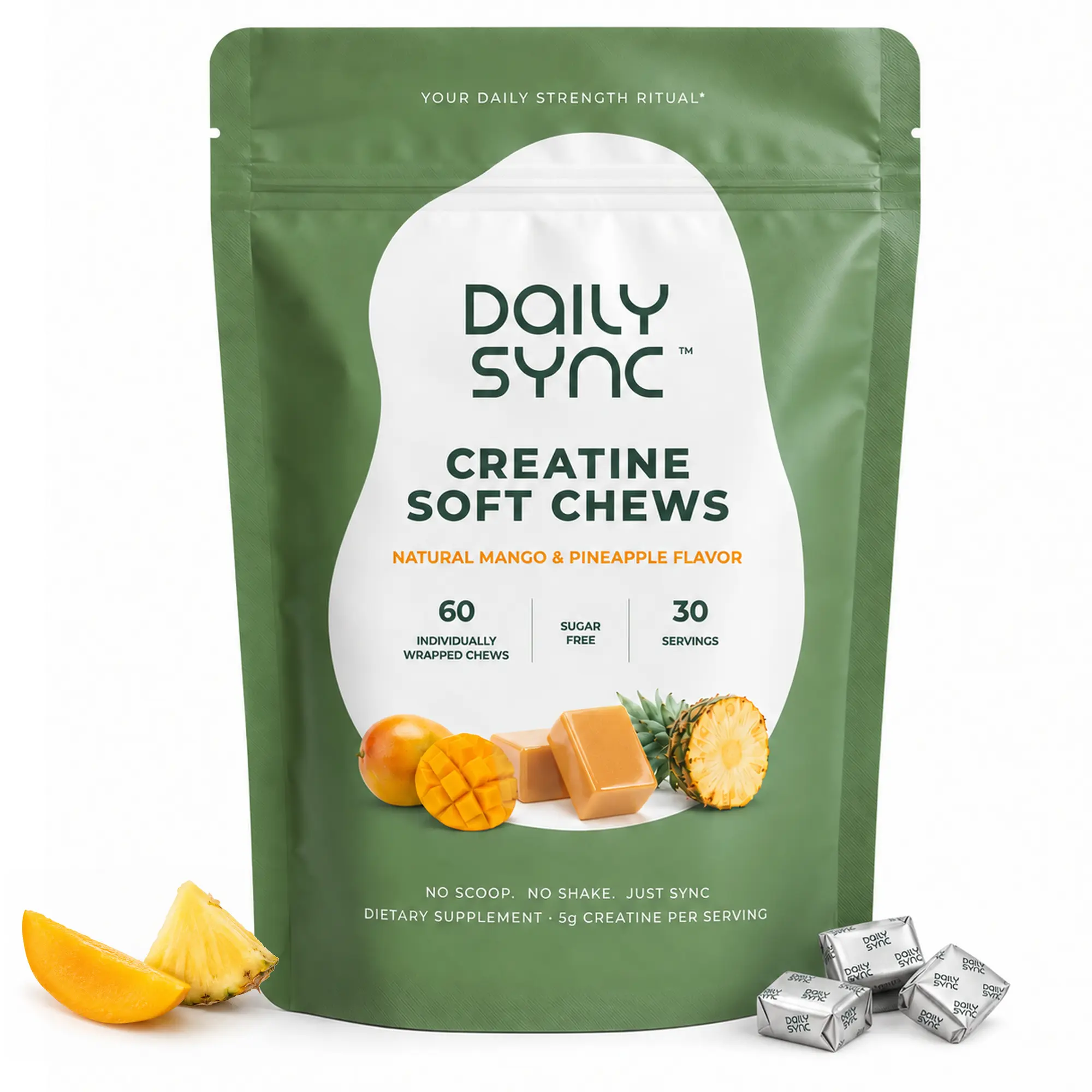Daily Sync Creatine Monohydrate Soft Chews Creatine Gummies - Sugar Free, Mango Pineapple Flavor, 60 Chews, 30 Servings, 5g Creatine Per Serving Healthcare Natural
