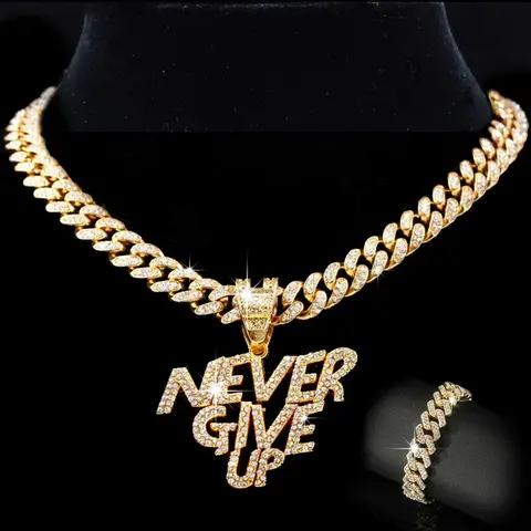 Iced Out Gold Cuban Link Necklace with Ice Crystal 'Never Give Up' Pendant, 2-Piece Hip Hop Fashion Chain for Adults, Rock-Inspired Gift, Hip Hop Jewellery