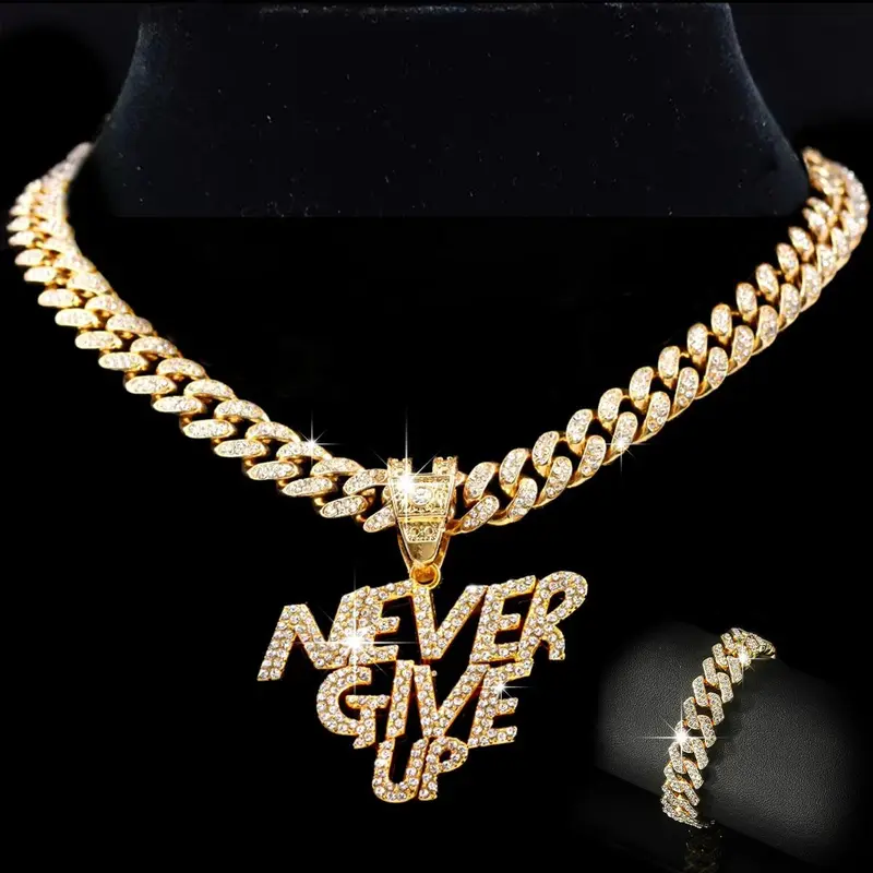 Iced Out Gold Cuban Link Necklace with Ice Crystal 'Never Give Up' Pendant, 2-Piece Hip Hop Fashion Chain for Adults, Rock-Inspired Gift, Hip Hop Jewellery
