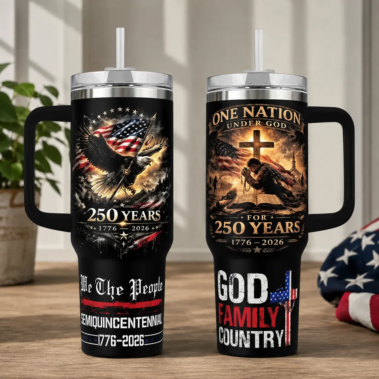40oz Industrial Insulated Stainless Steel Vacuum Flask Tumbler with Handle - Insulated Water Bottle, USA 250th Anniversary Patriotic Eagle American Flag Travel Mug, Polka Dot Patchwork Valentine's Day Gift for Patriots, God Family Country Themed, Insulati