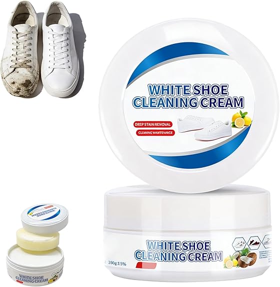 White Shoe Cleaner Cream, Rinse-Free Stain Remover Paste for Sneakers & Soles, Multi-Functional No-Wash Cleaning Kit with Sponge ((210g / 7.4oz, 1PC))