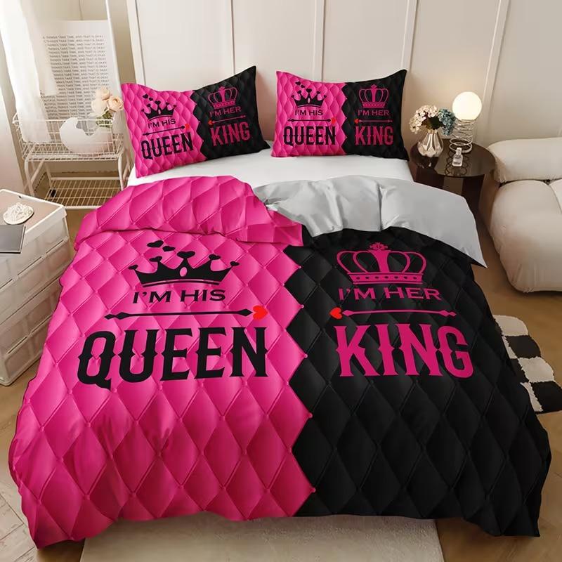 3-piece couple style king and queen printed duvet cover set, Bedroom Bedding Set, Valentine's Day elements, including 1 duvet cover and 2 pillowcases (excluding the core), suitable for all seasons, creating romantic bedroom couple bedding