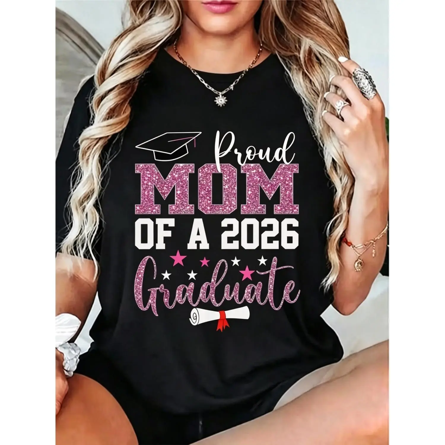 Proud Mother of Graduate from Class of 2026 T Shirt Features Graduation Cap and Diploma Design Ideal for Celebrating Graduation Daily Wear Suitable for Gym Travel or Casual Outings