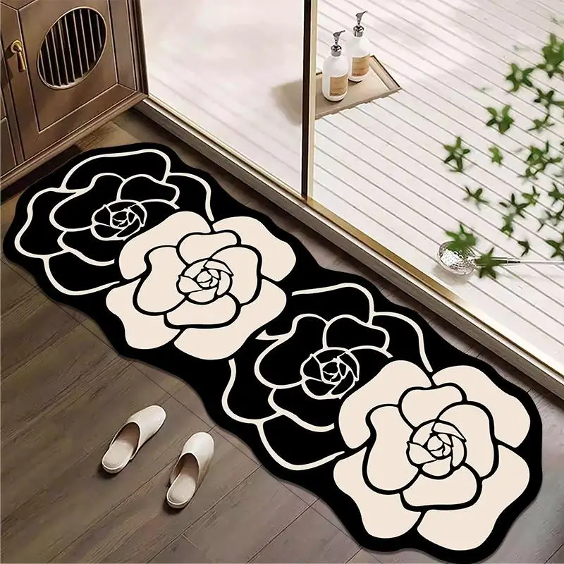 Camellia Flower Pattern Floor Mat, 1 Count Non-slip Soft Floor Carpet, Decorative Flower Pattern Rugs for Home Living Room Bedroom, Floral Area Rug, V