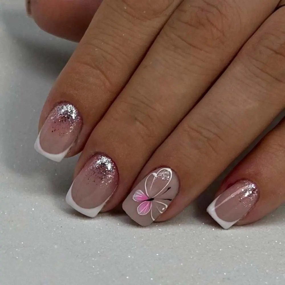 Spring Summer Essential! Nude Butterfly Glitter Nails, Short Square Fake Nails, 24pcs Wearable Nails, Perfect for Spring Travel, Glitter Decorative Nails