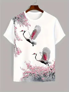 Men's Crane Cherry Blossom Print T-Shirt, Japanese Style Floral Bird Streetwear Round Neck Short Sleeve Top, Sporty Loose Fit
