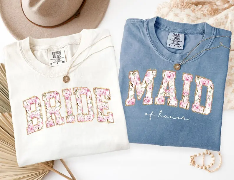 Comfort Colors Floral Bridal Party T-Shirt, Bride Shirt, Wedding Party Tee, Maid Of Honor Outfit, Floral Bachelorette Gift, Bridesmaid Proposal Shirt