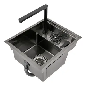 17.7 * 15In Single Bowl Kitchen Sinks With Cup Washer ，Single Bowl Stainless Steel Workstation Bar Sink with Glass Rinser, for home Hotel Cafe Restaurant