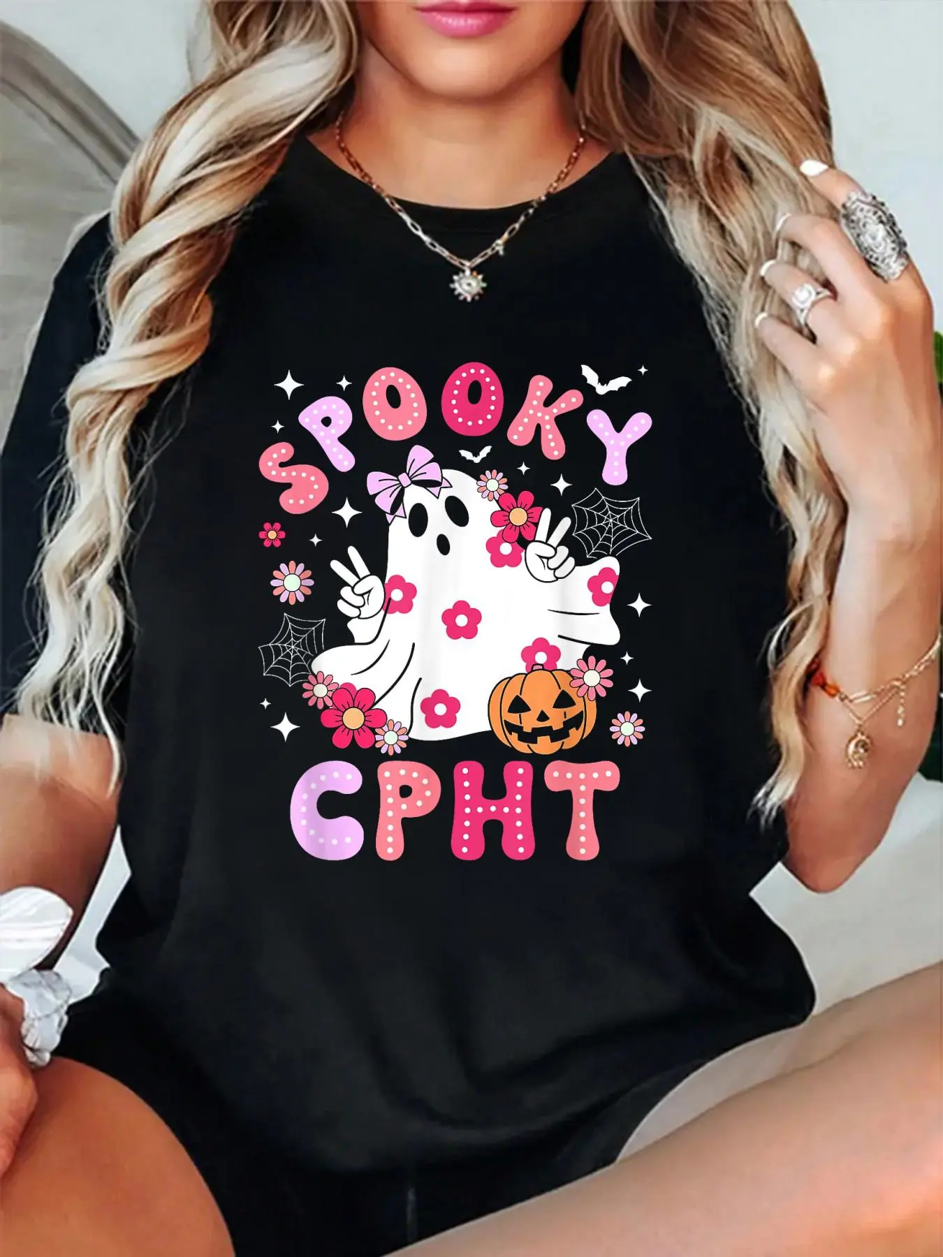 100% Cotton T shirts Spooky CPhT Halloween Certified Pharmacy Technician Groovy T-Shirt Breathable & Comfort Fit Tee Women,Short Sleeve Crew Neck Top for All Seasons,Graphic Tees Women Tops