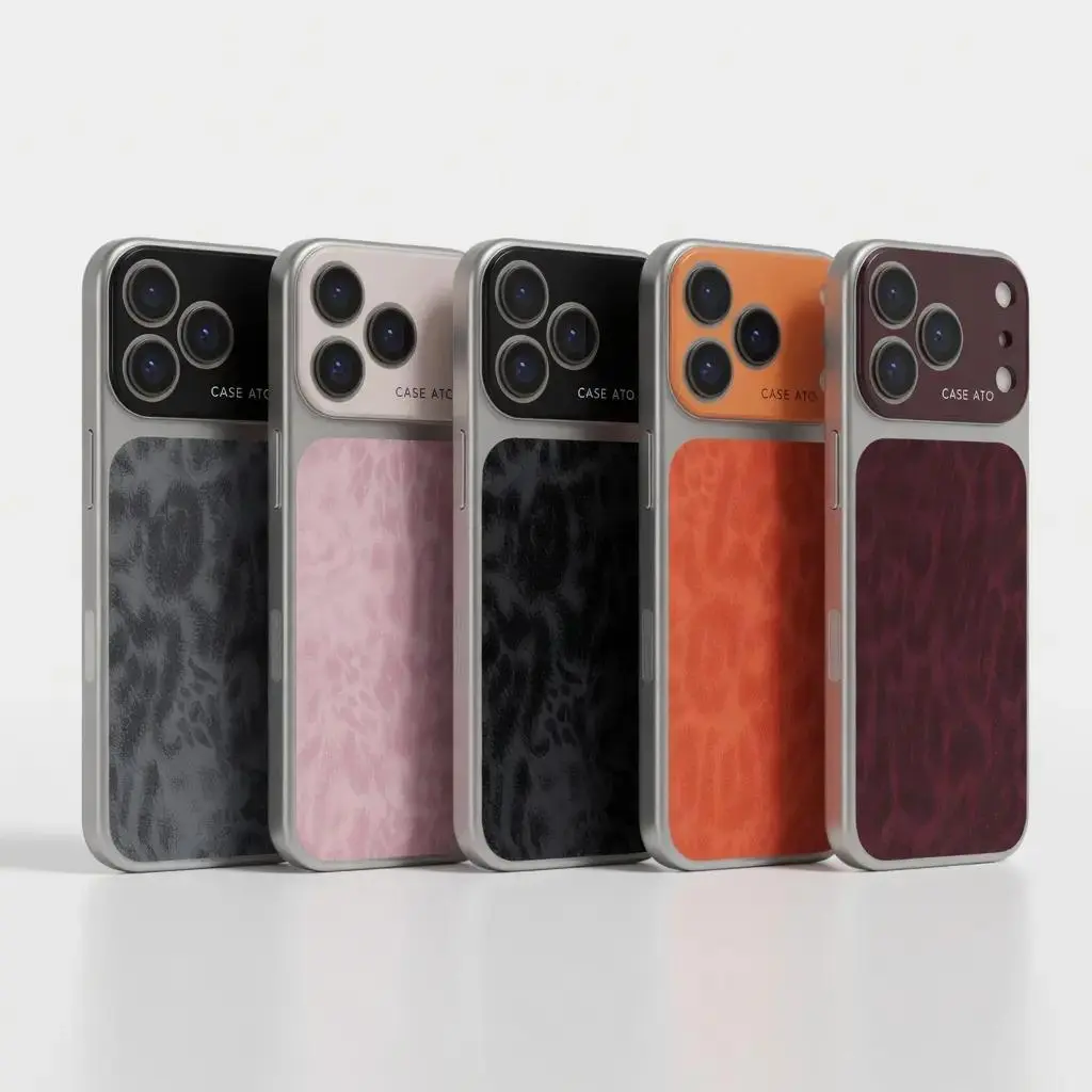 Luxury Leopard Print Large Viewfinder PhoneCase for iPhone 17 Pro Max 16 15 14 Pro Max Series, TPU+PCDual-Layer Shockproof Protective Cover withAnti-Scratch, Non-Slip & Full Camera LensProtection, Stylish Orange Faux Suede Texture, Durable Protective Cove