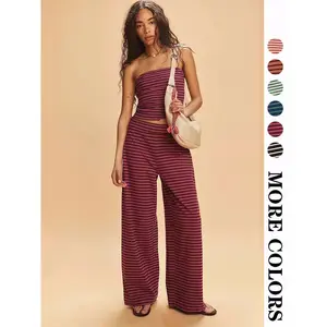 Women's Striped Print Crop Tube Top & Wide Leg Pants Set, Street Fashion Casual Two-piece Set for Daily Wear, Women's Summer Clothes, Cute Summer Outfit