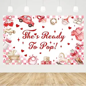 2D flat banner1pcs She's Ready to PopShower Banner Backdrop Pink and Red Valentine's Day Party Decorations Cherry Car  Cloth Baby Shower Cake Smash Photo Booth PropsPropsAnniversaryBackgroundStudioPhotoBoothPropBannerBannerHomeDecorScene