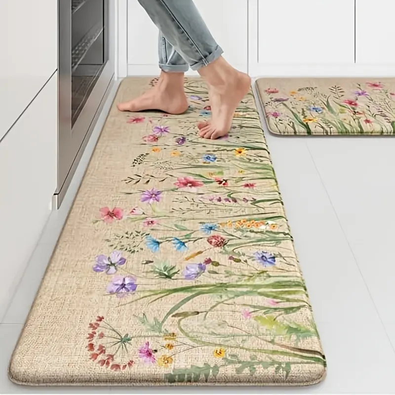 2pcs PVC Plastic Anti-Fatigue Kitchen Rugs - 17.3*30in+17.3*47in, Oil-Resistant, Washable Non-Slip, Artificial Fiber, Black Moroccan Floral Medley, All-Surface for Kitchen Sink, Stove