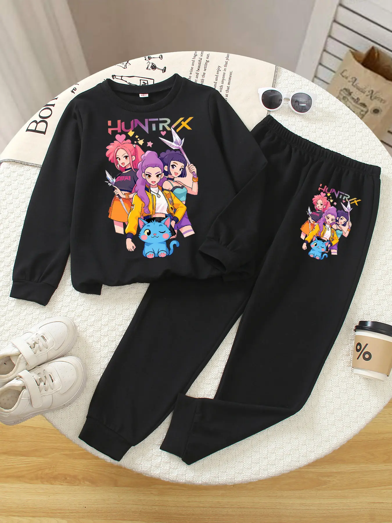 Girls Long Sleeve Magic Hunter Sweater Set, Cute Clothing Set, Cute Cartoon Print, Fleece Casual Pants, Fall & Winter Fashion, Comfortable Sweatpants, Cute Sets