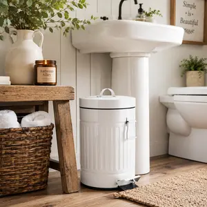 Autumn Alley Farmhouse White Bathroom Trash Can with Lid & Foot Pedal, 5L Small Metal Garbage Bin for Rustic Bathroom, Kitchen, Powder Room & Country Home Décor
