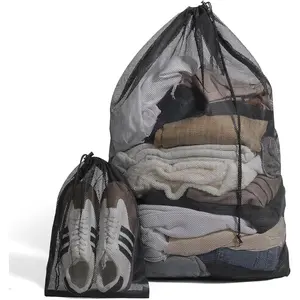 2 Pack Mesh Laundry Bags - Large & Small Heavy Duty Mesh Laundry Bag with Drawstring, Wash Bags for Travel, College, Dorms, Sports, Family, Black